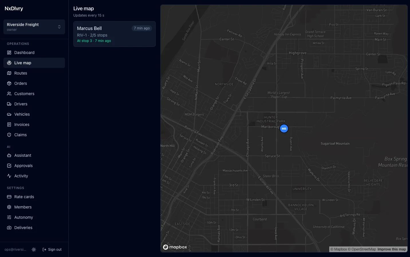 The live dispatch map, noting that it updates every 15 seconds. A card shows
                    Marcus Bell on route RIV-1 with two of five stops done, last seen seven minutes
                    ago and currently at stop 3. His marker sits on the map over Riverside.