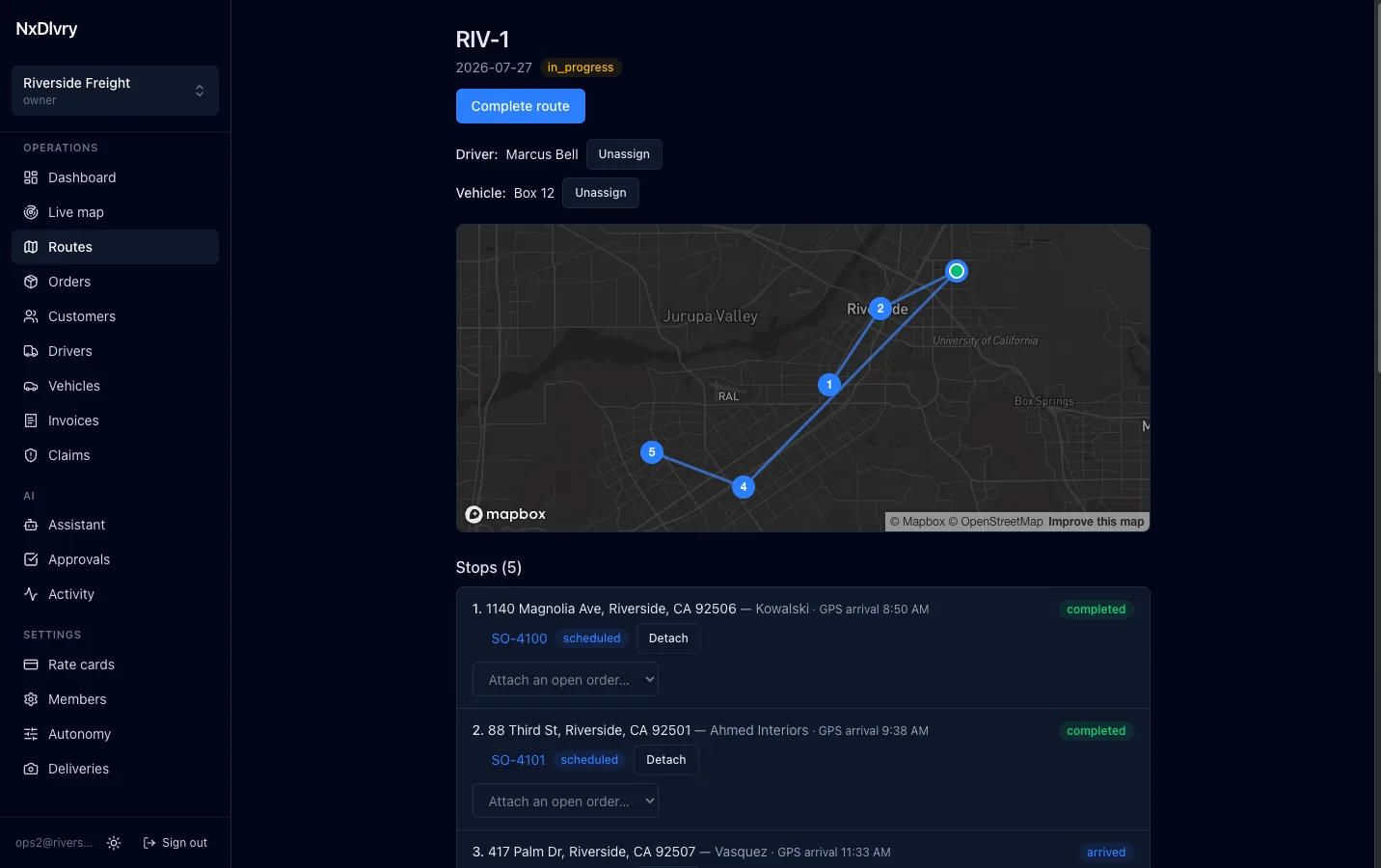 Route detail for route RIV-1, in progress, with Marcus Bell driving and vehicle
                    Box 12 assigned. A dark map plots five numbered stops across Riverside with the
                    driver's live position. Below it the five stops are listed with addresses,
                    customer names and order references, each showing the driver's GPS arrival time
                    and its status: the first two delivered, the third marked arrived.