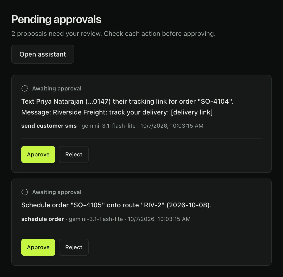 The pending approvals queue with the two proposals, a customer text and an order to schedule, each labeled with the tool and the model that proposed it, gemini-3.1-flash-lite, and each with Approve and Reject buttons.