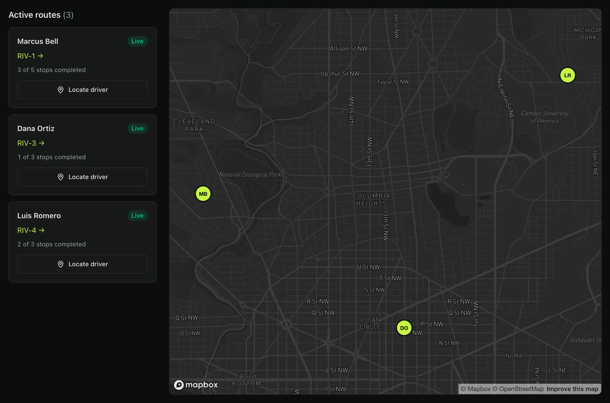 The dispatch board with three active routes, RIV-1, RIV-3 and RIV-4, each live with its driver and the stops completed so far, beside a map of Washington, DC with each driver’s position.