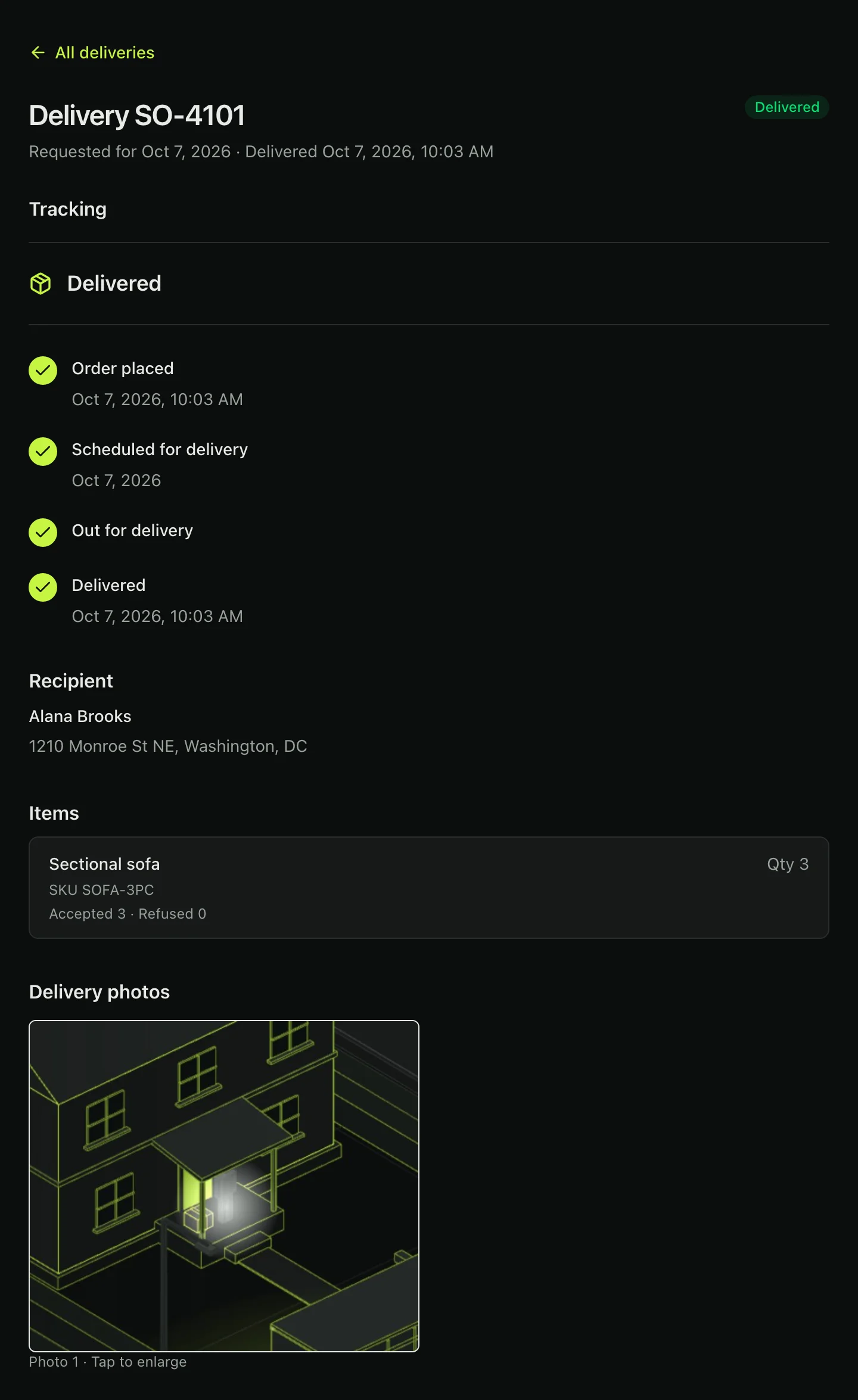 A shipper’s view of delivery SO-4101 in the client portal: delivered, with its tracking steps, the recipient, the sectional sofa accepted in full, and the delivery photo.