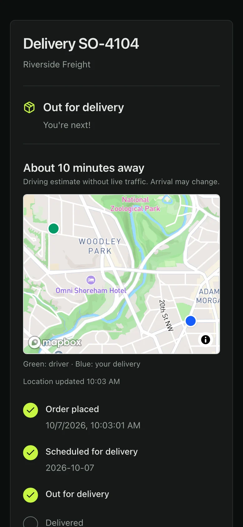 A customer’s tracking page on a phone for delivery SO-4104 from Riverside Freight: out for delivery and next in line, about 10 minutes away by road, a map with the driver’s position and the delivery address, and the order’s progress so far.
